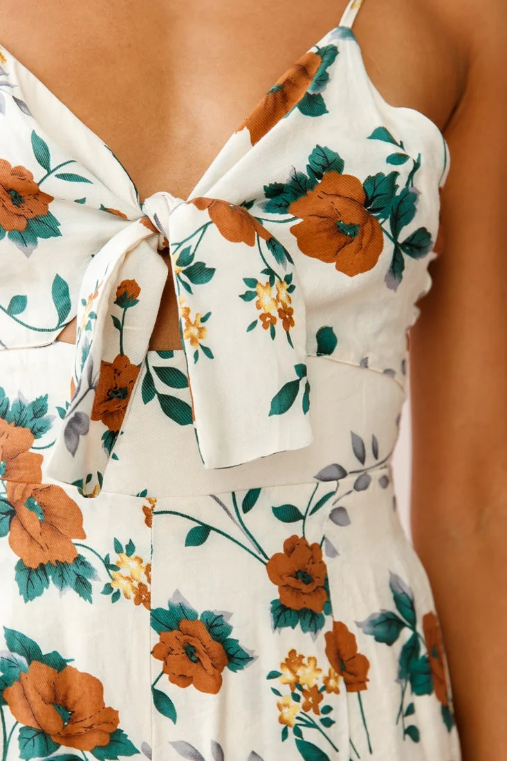Call Me Wide-Leg Tied Bust Jumpsuit Floral Print Beige - Image 4