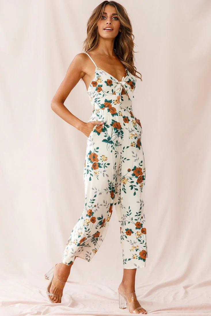 Call Me Wide-Leg Tied Bust Jumpsuit Floral Print Beige - Image 5
