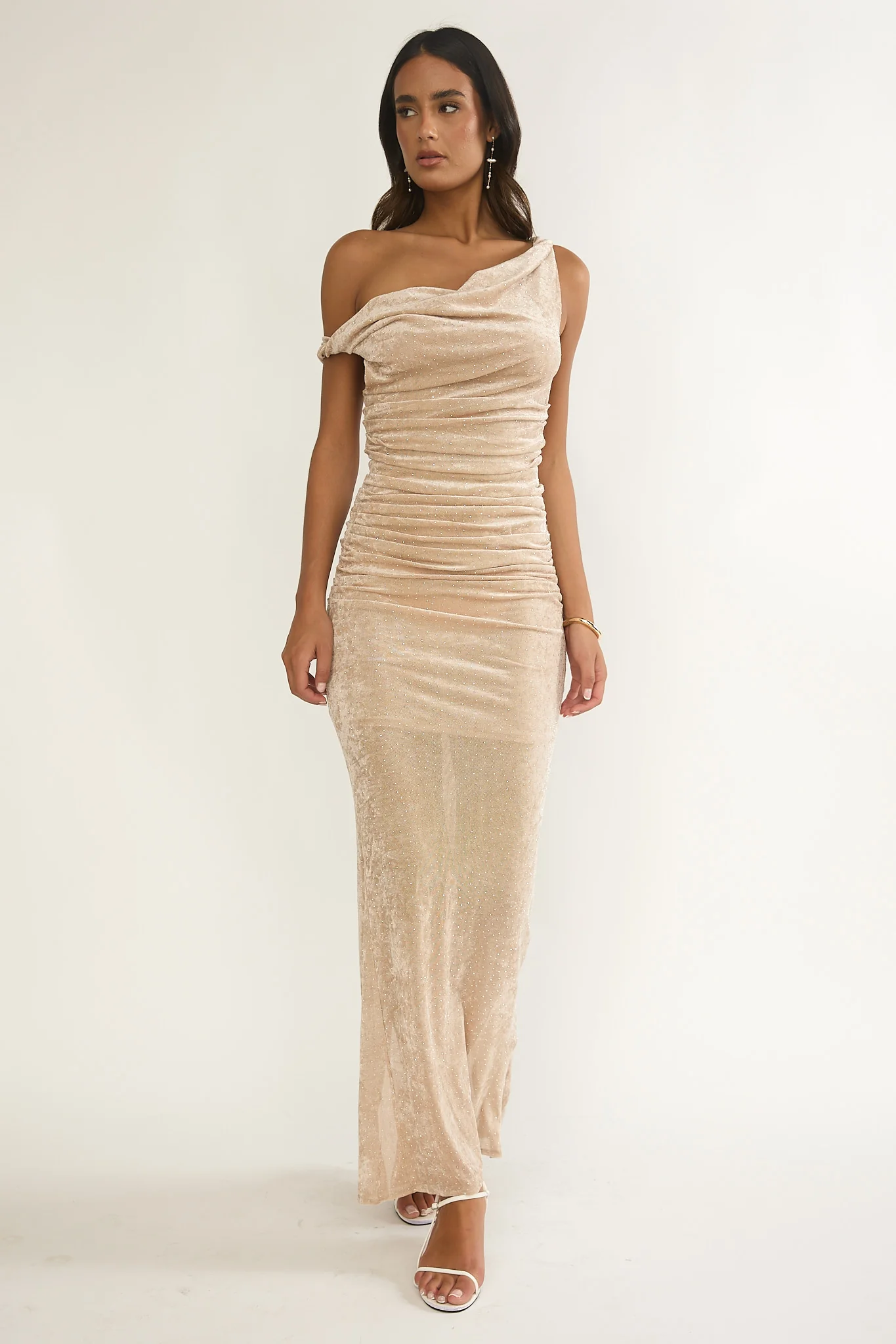 Callen Cowl Ruched Maxi Dress Champagne Silver