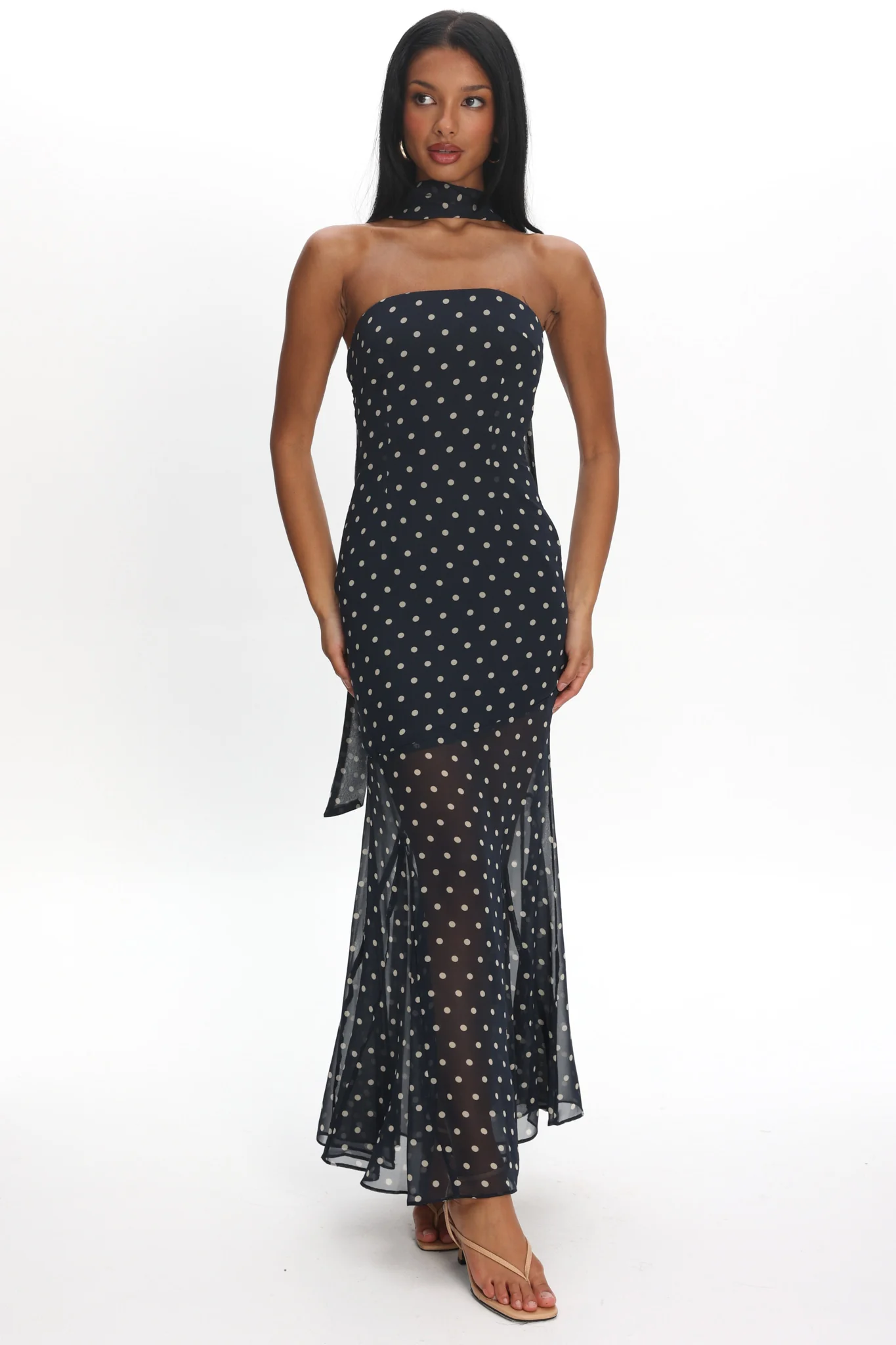Calluna Strapless Sheer Godet Hem Maxi Dress Print Navy - Image 5