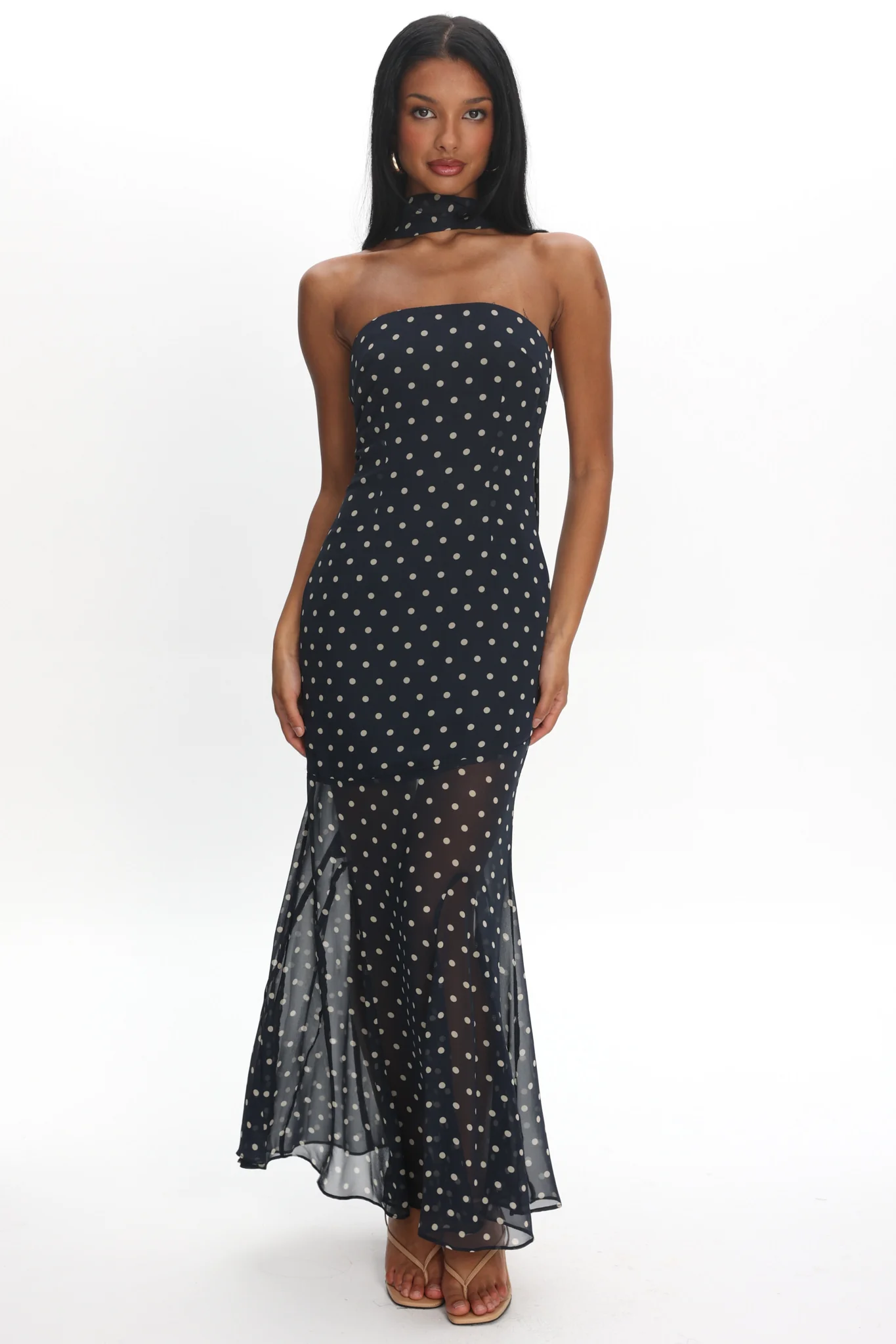 Calluna Strapless Sheer Godet Hem Maxi Dress Print Navy - Image 6