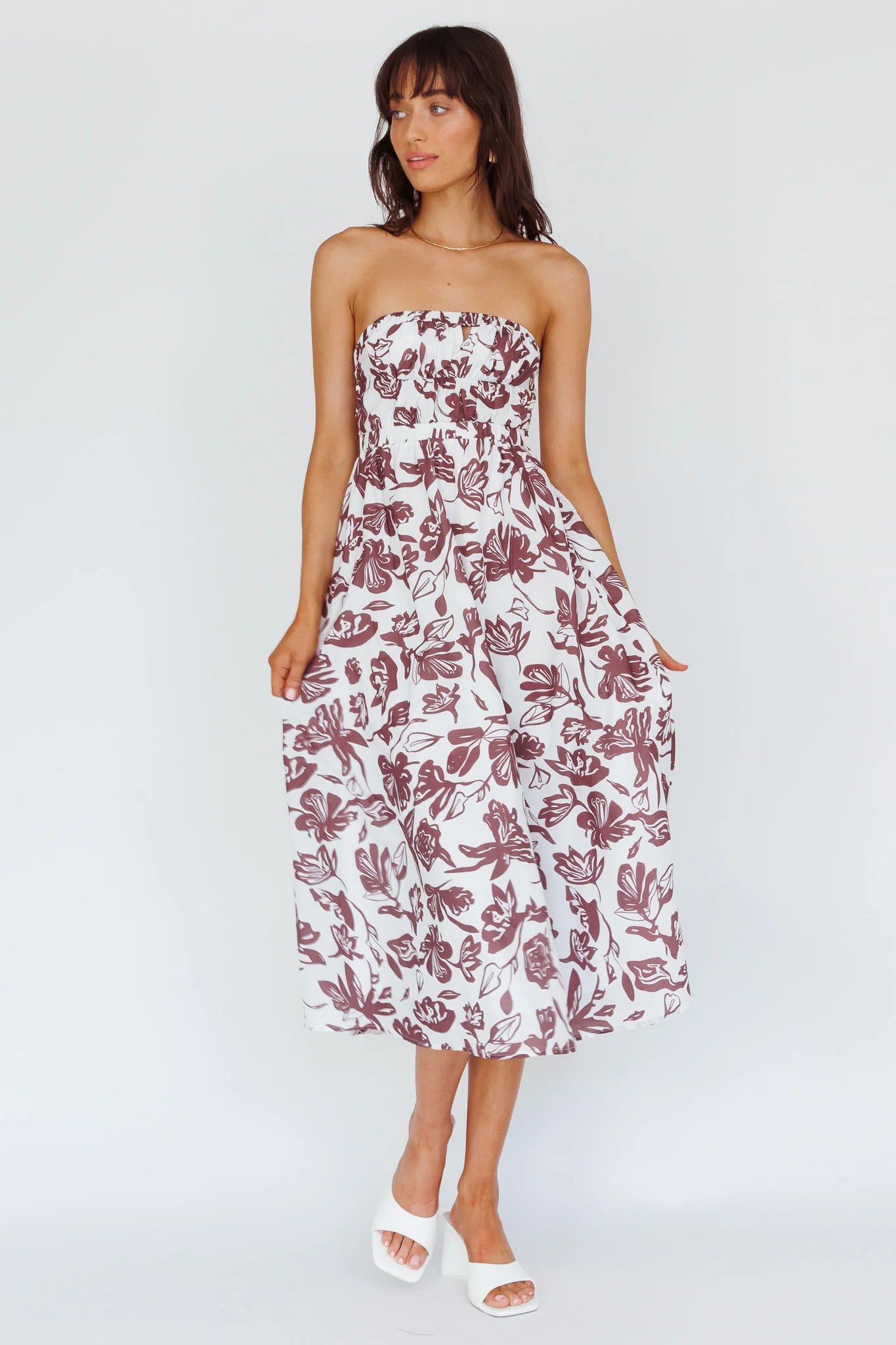 Caloundra Strapless Midi Dress Floral Walnut - Image 3