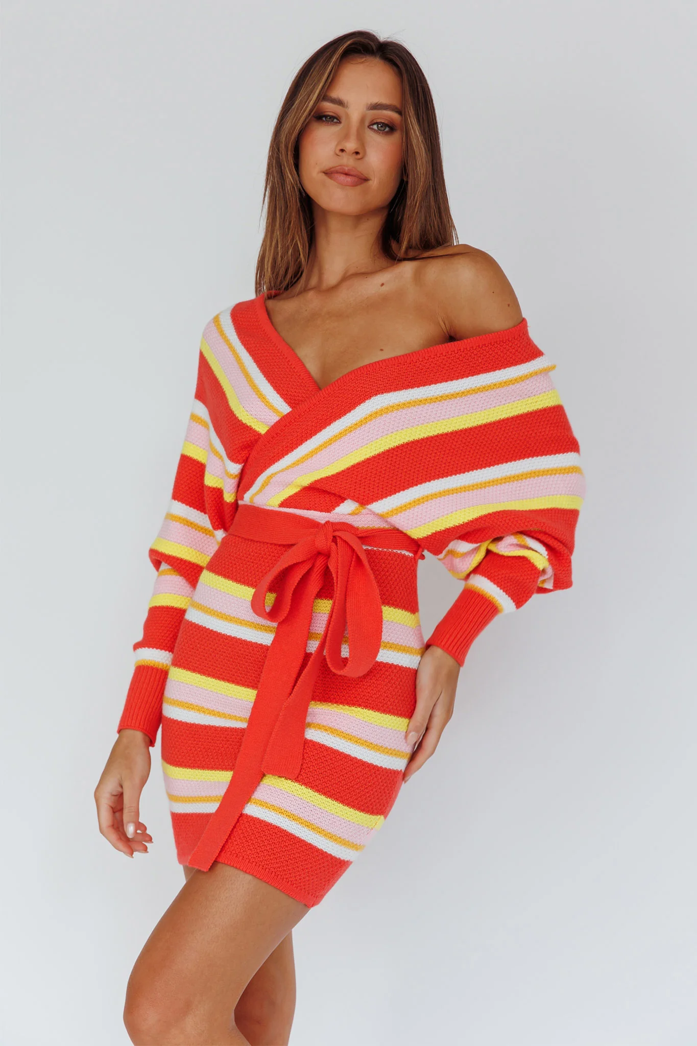 Cameo Batwing Knit Dress Striped Pink - Image 3
