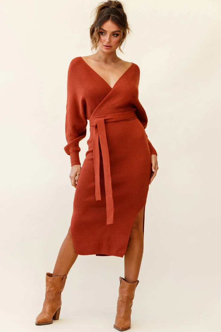 Cameo Batwing Knit Midi Dress Camel - Image 7