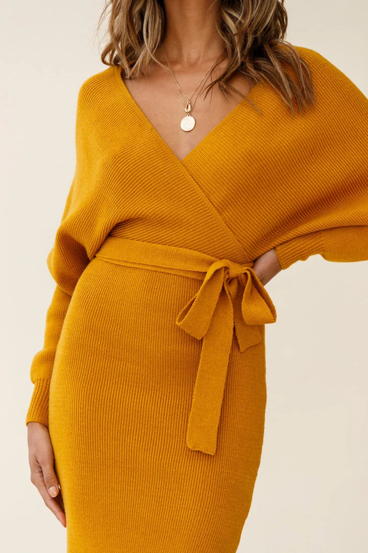 Cameo Batwing Knit Midi Dress Mustard - Image 7