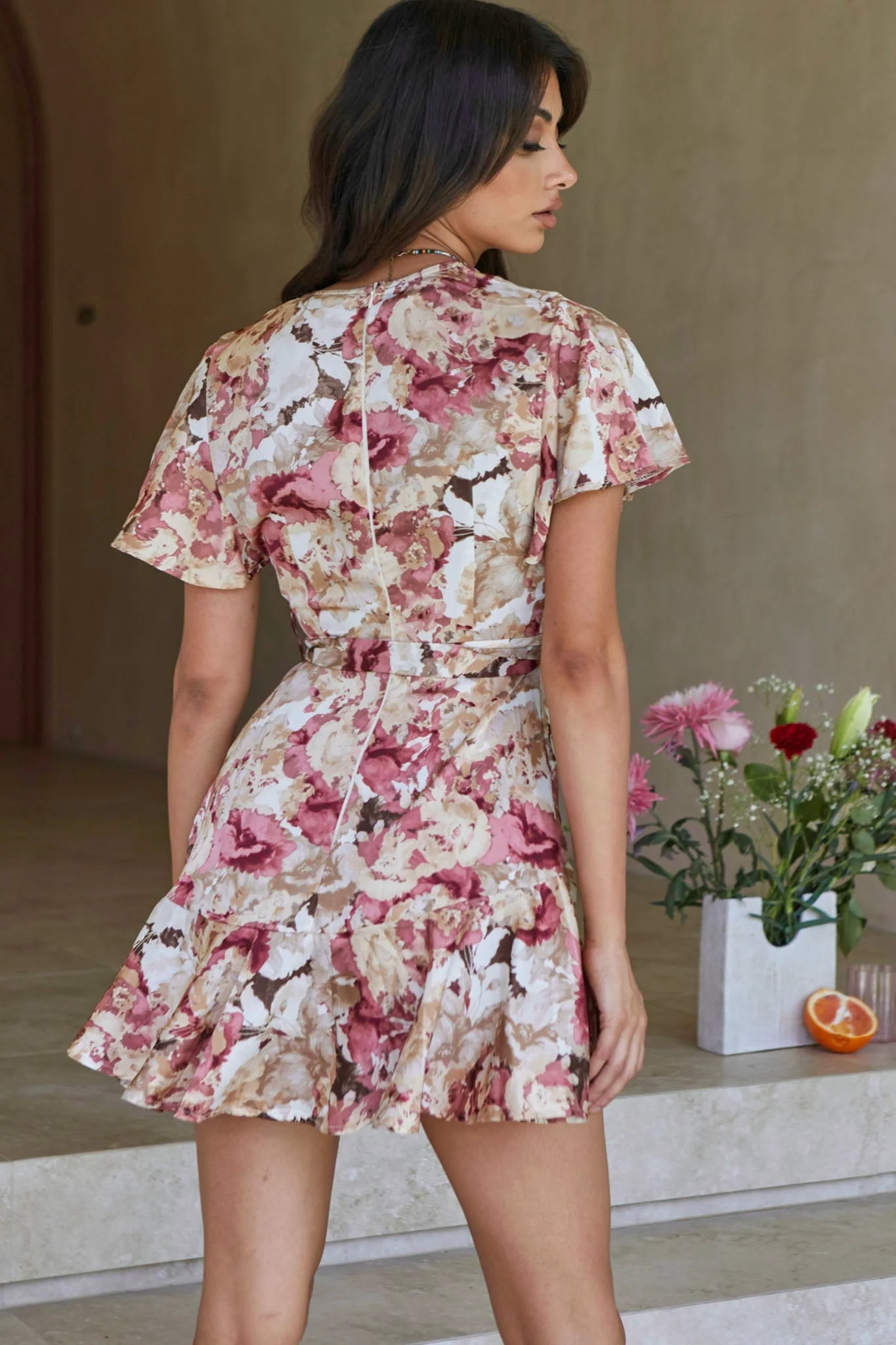 Cami Angel Sleeve Faux Wrap Dress Abstract Floral Print Rose - Image 3