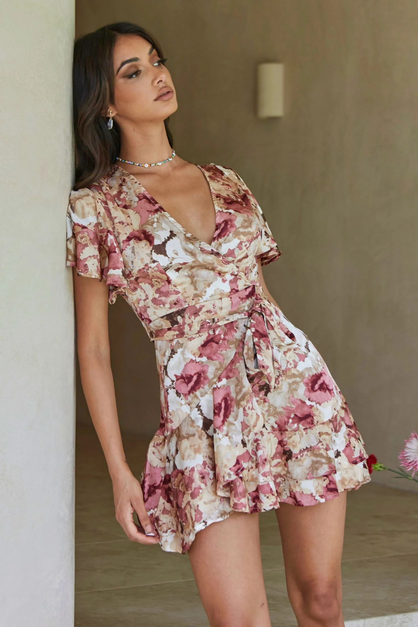 Cami Angel Sleeve Faux Wrap Dress Abstract Floral Print Rose - Image 4
