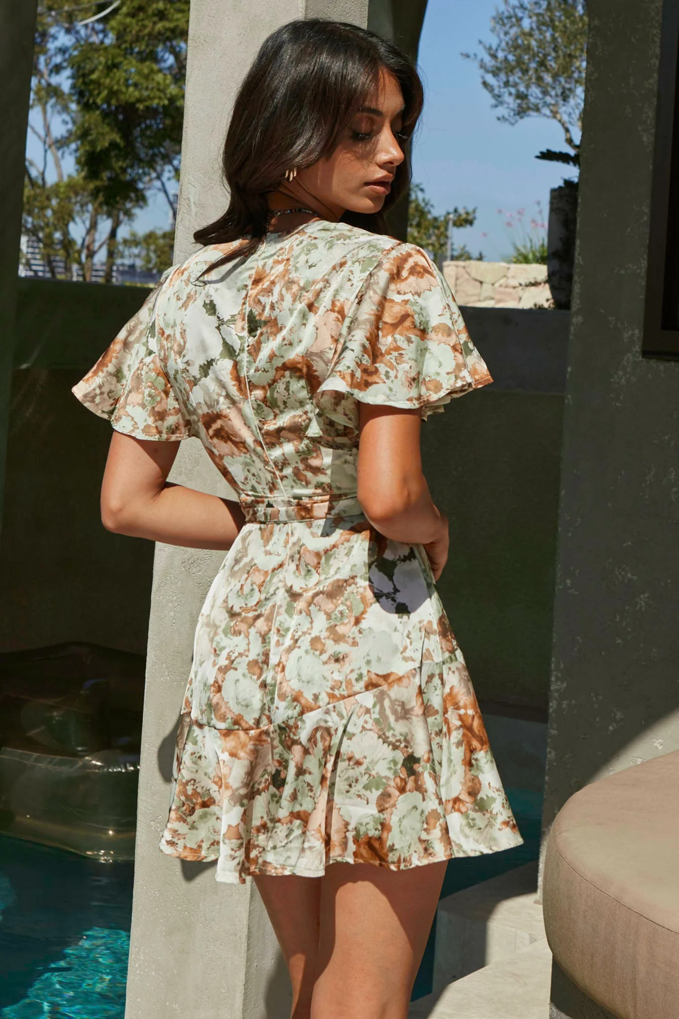 Cami Angel Sleeve Faux Wrap Dress Abstract Floral Print Sage - Image 2