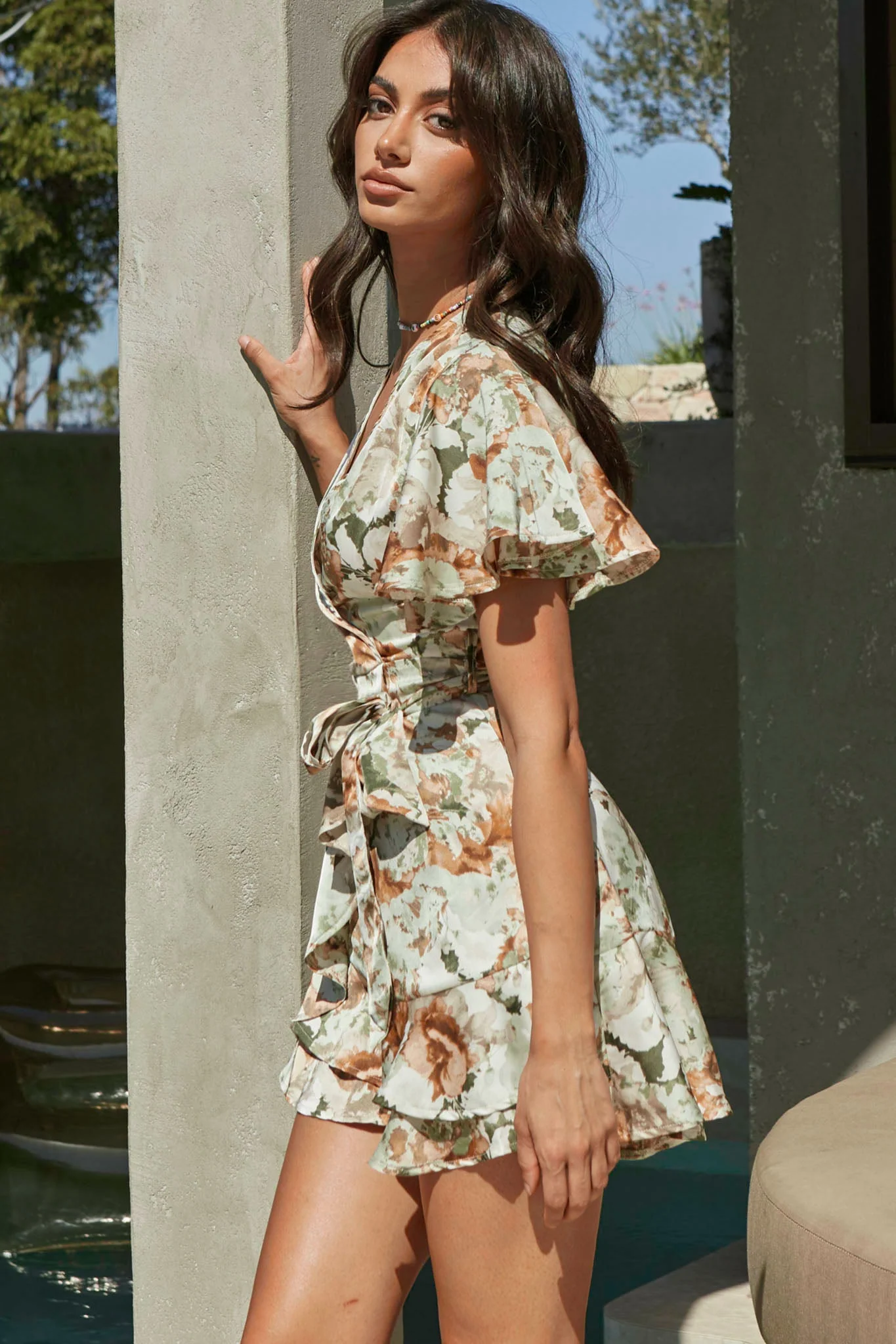 Cami Angel Sleeve Faux Wrap Dress Abstract Floral Print Sage - Image 4