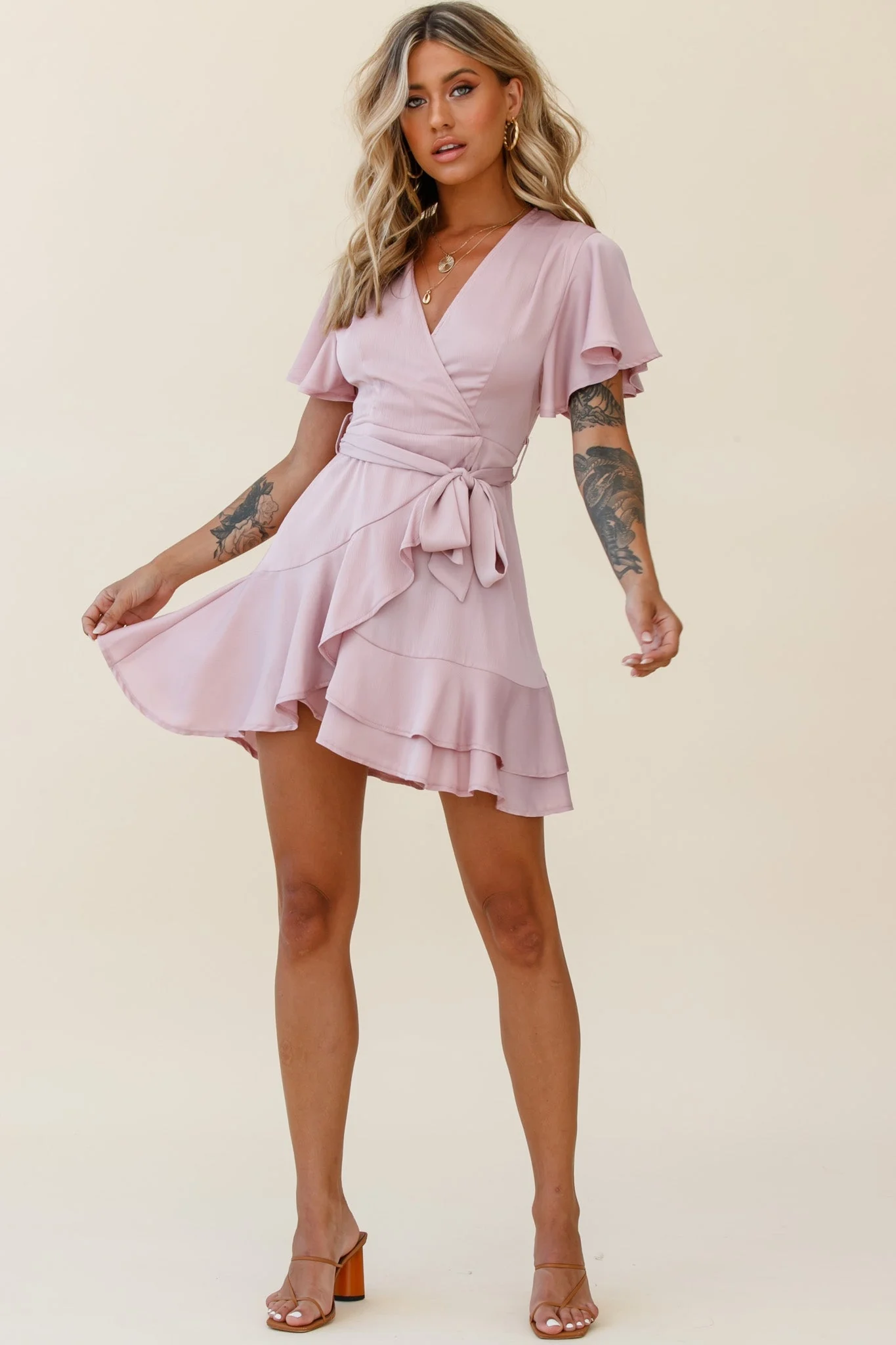 Cami Angel Sleeve Faux Wrap Dress Blush - Image 2