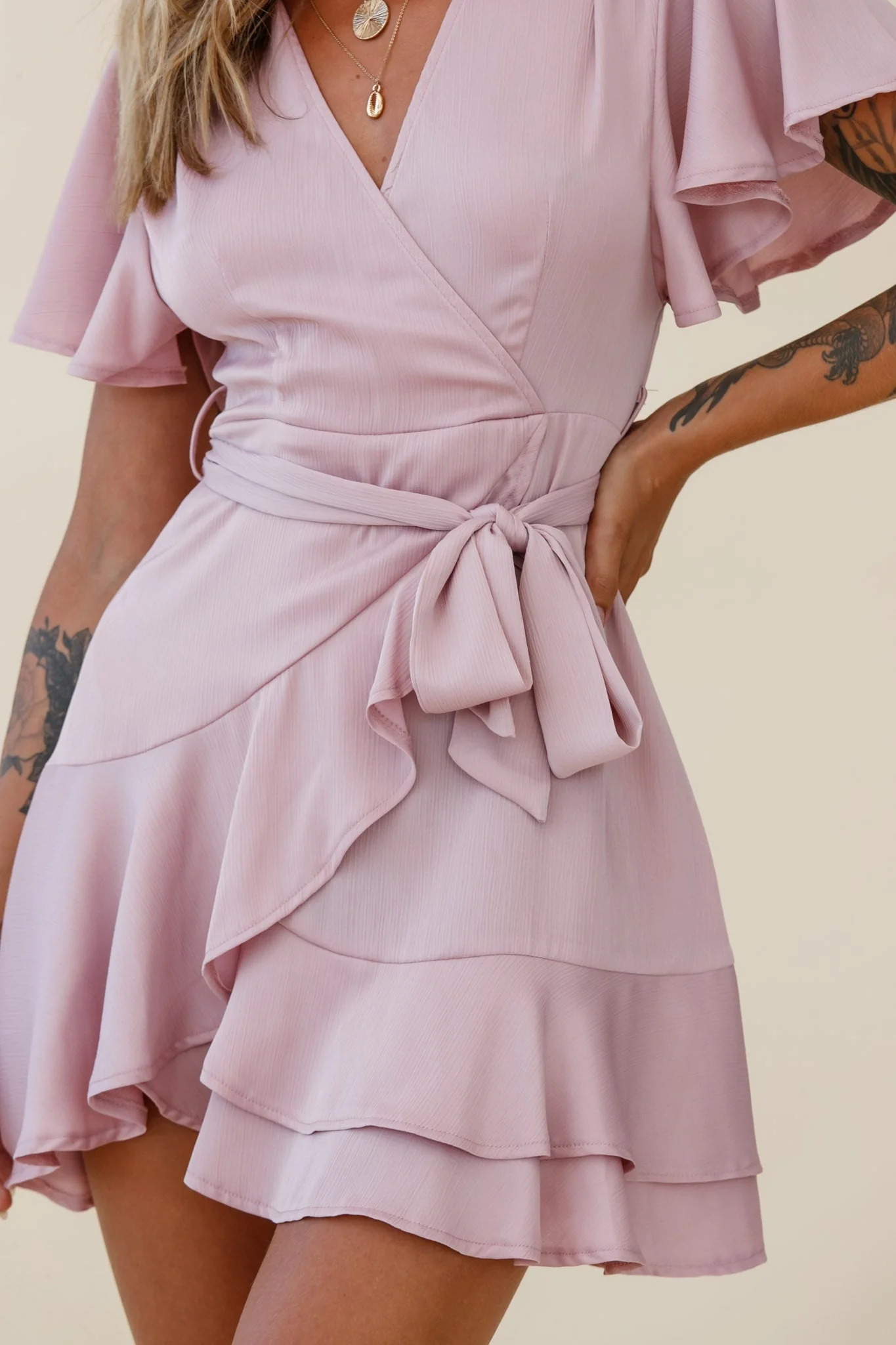 Cami Angel Sleeve Faux Wrap Dress Blush - Image 4