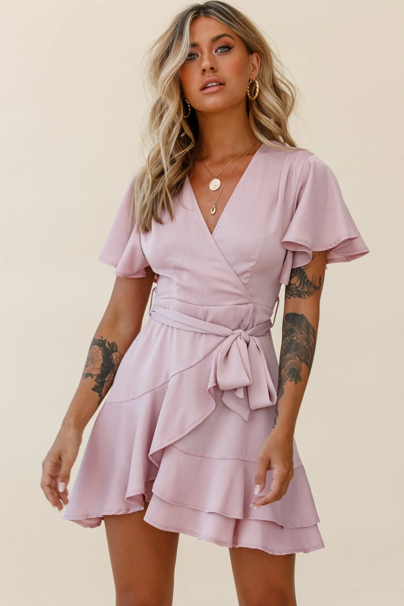 Cami Angel Sleeve Faux Wrap Dress Blush - Image 6