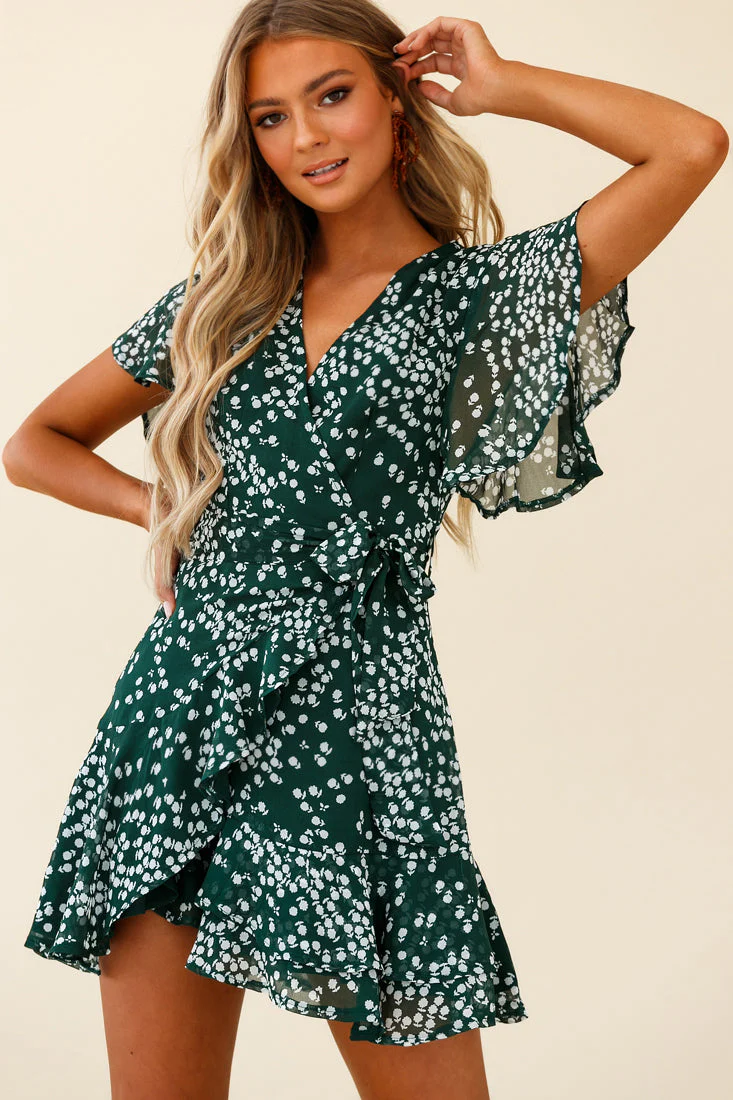 Cami Angel Sleeve Faux Wrap Dress Flower Print Forest Green - Image 2