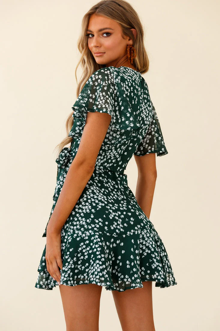 Cami Angel Sleeve Faux Wrap Dress Flower Print Forest Green - Image 3