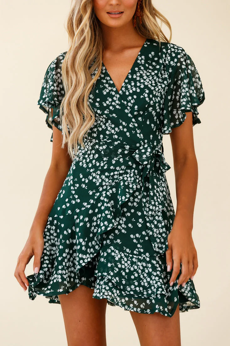 Cami Angel Sleeve Faux Wrap Dress Flower Print Forest Green - Image 7