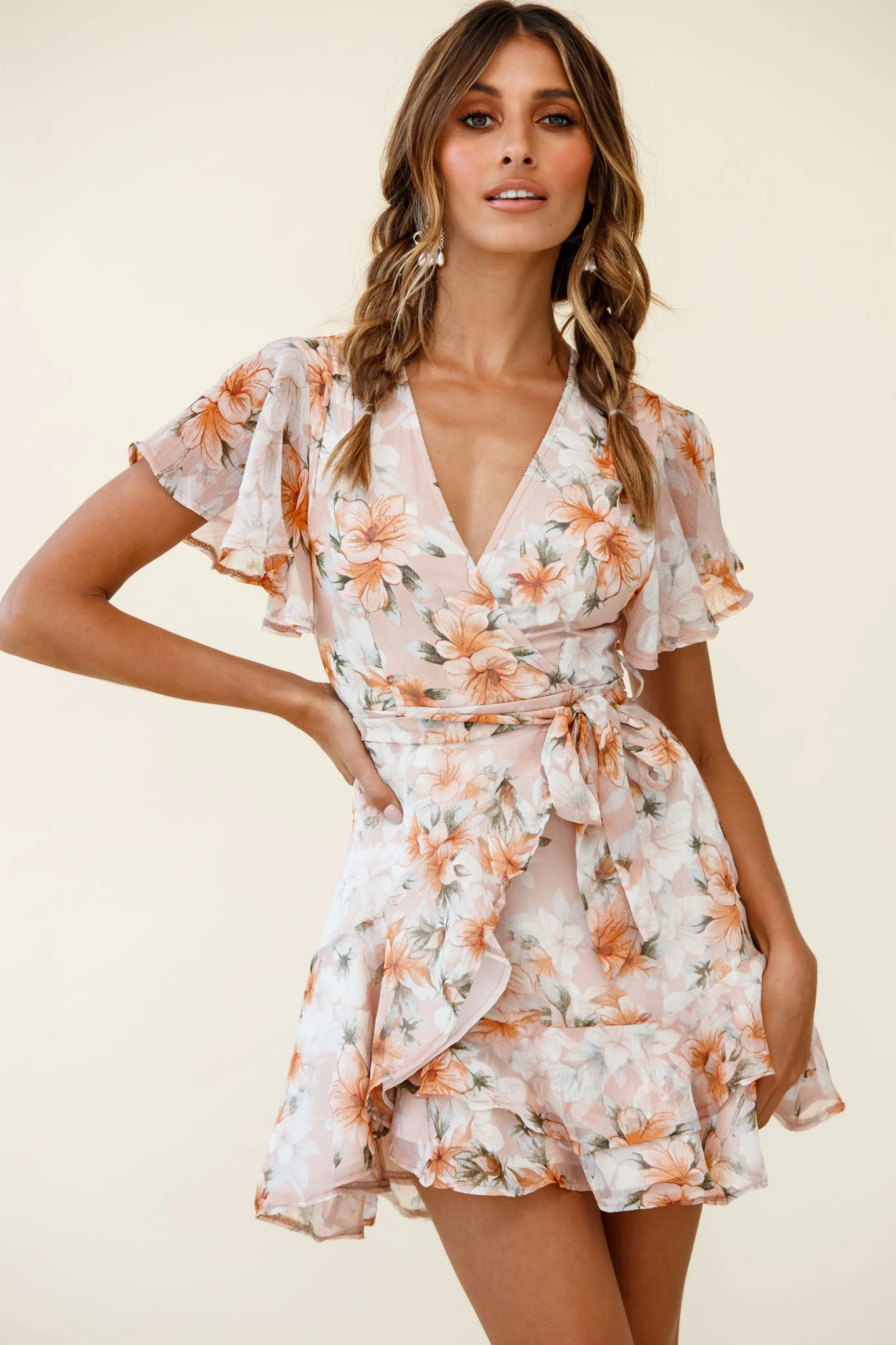 Cami Angel Sleeve Faux Wrap Dress Hibiscus Print Nude - Image 6