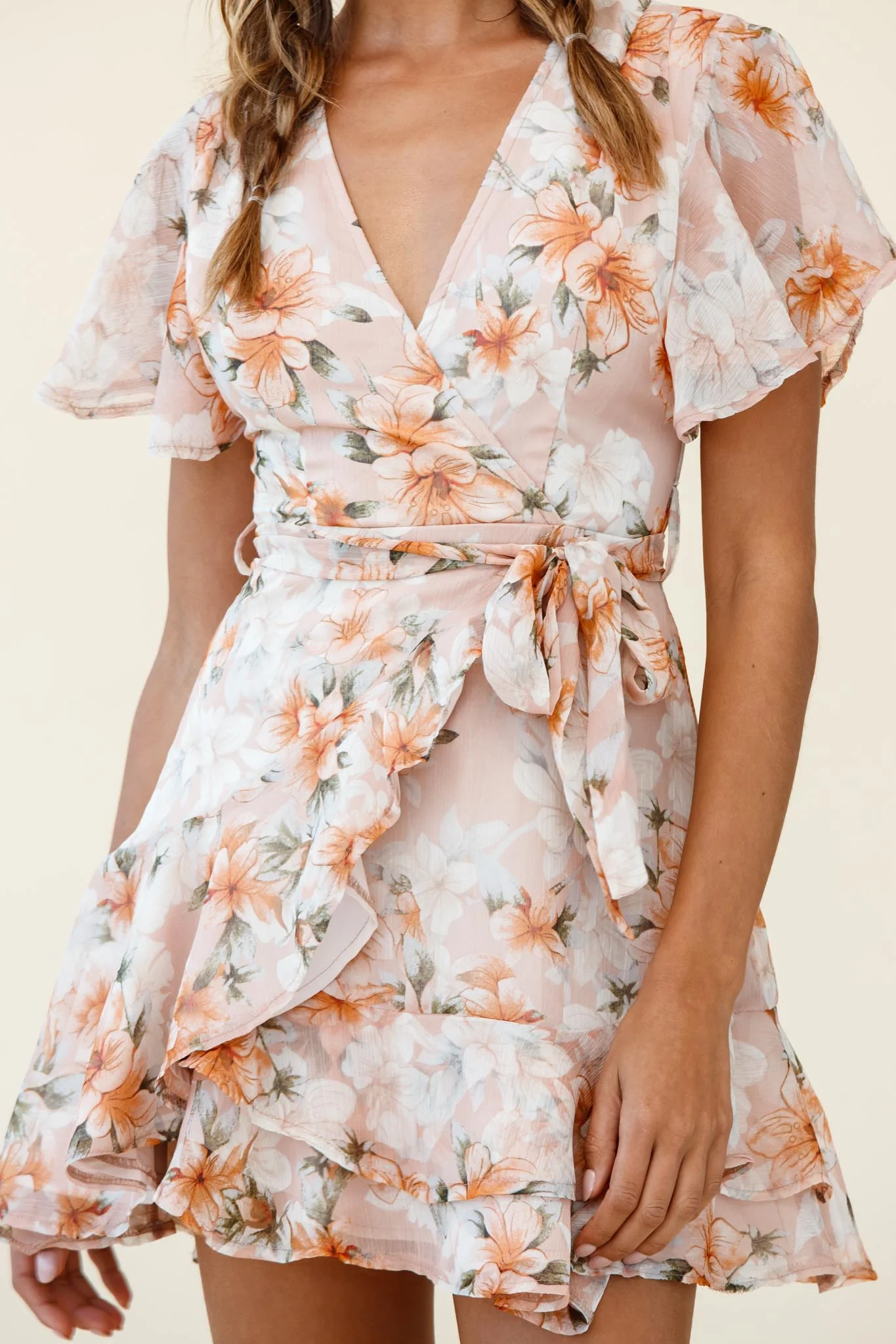 Cami Angel Sleeve Faux Wrap Dress Hibiscus Print Nude - Image 8