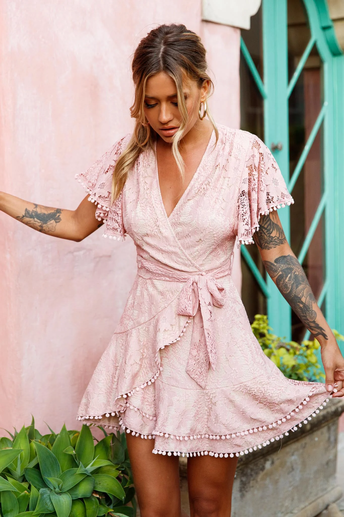 Cami Angel Sleeve Faux Wrap Dress Lace Blush - Image 6