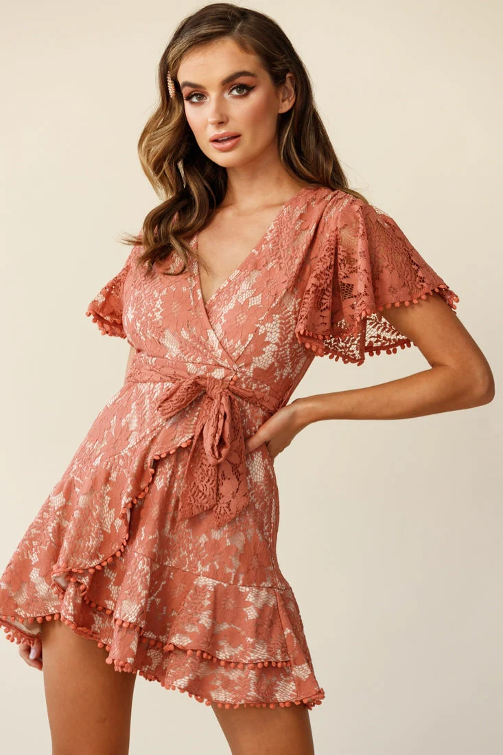 Cami Angel Sleeve Faux Wrap Dress Lace Rose - Image 3