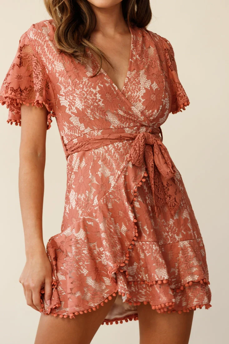Cami Angel Sleeve Faux Wrap Dress Lace Rose - Image 5