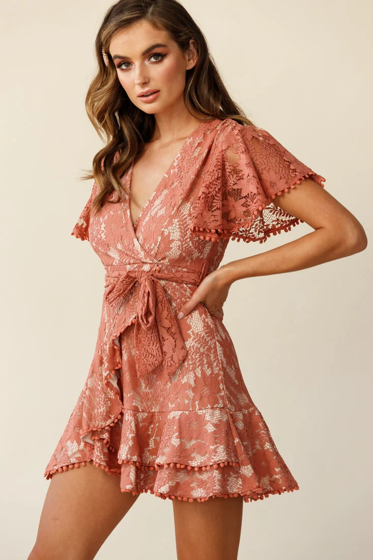 Cami Angel Sleeve Faux Wrap Dress Lace Rose - Image 7