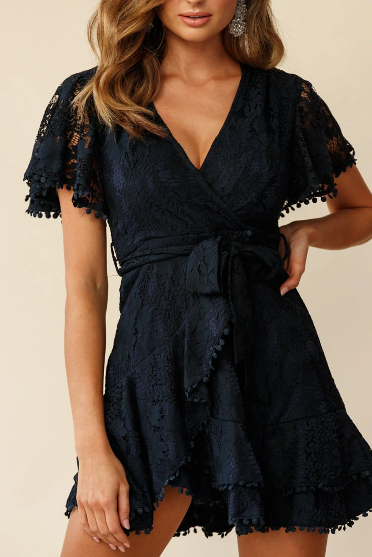Cami Angel Sleeve Faux Wrap Dress Navy Lace - Image 4