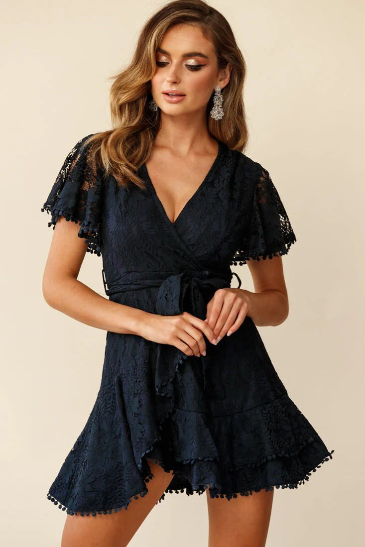 Cami Angel Sleeve Faux Wrap Dress Navy Lace - Image 5