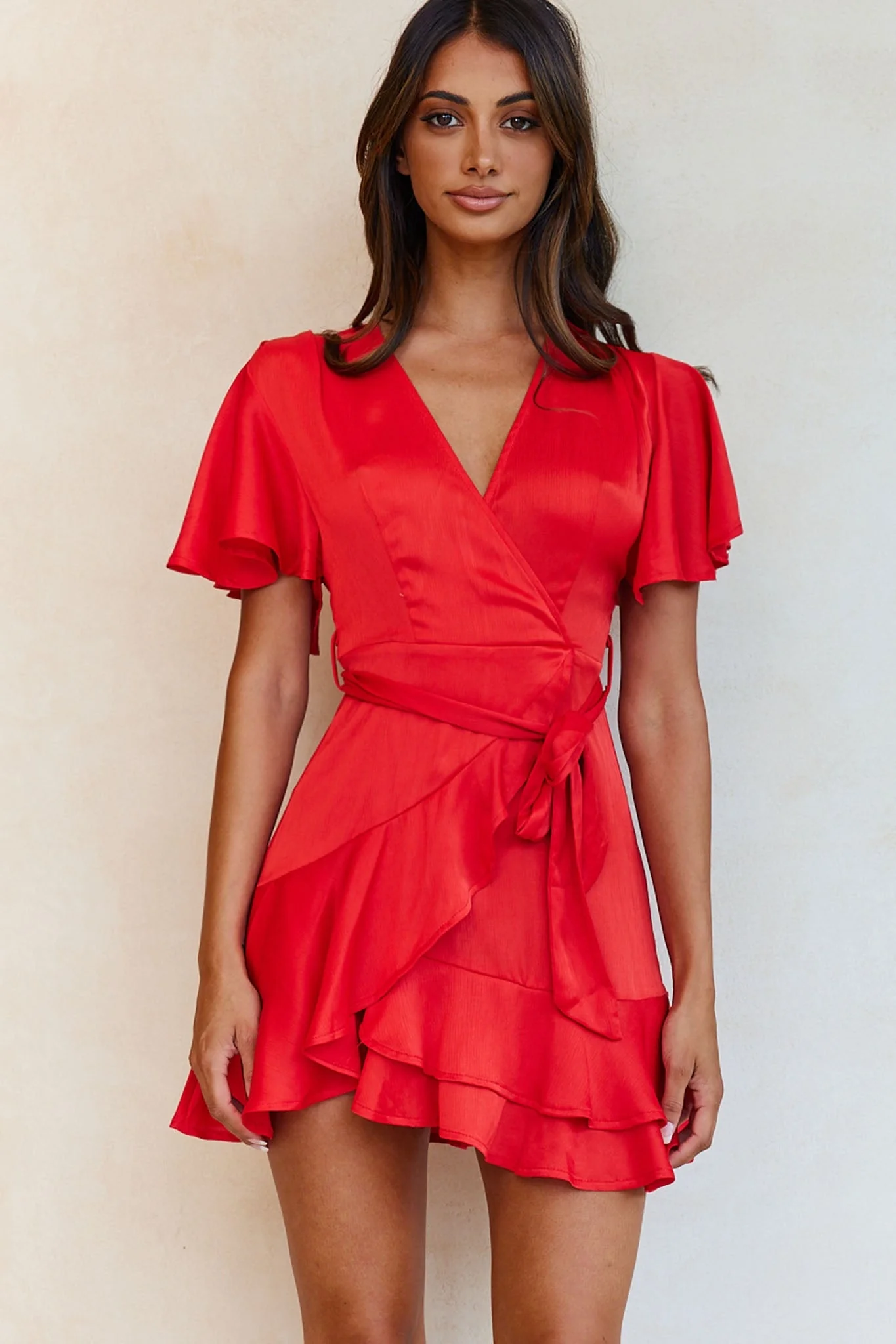 Cami Angel Sleeve Faux Wrap Dress Red - Image 14