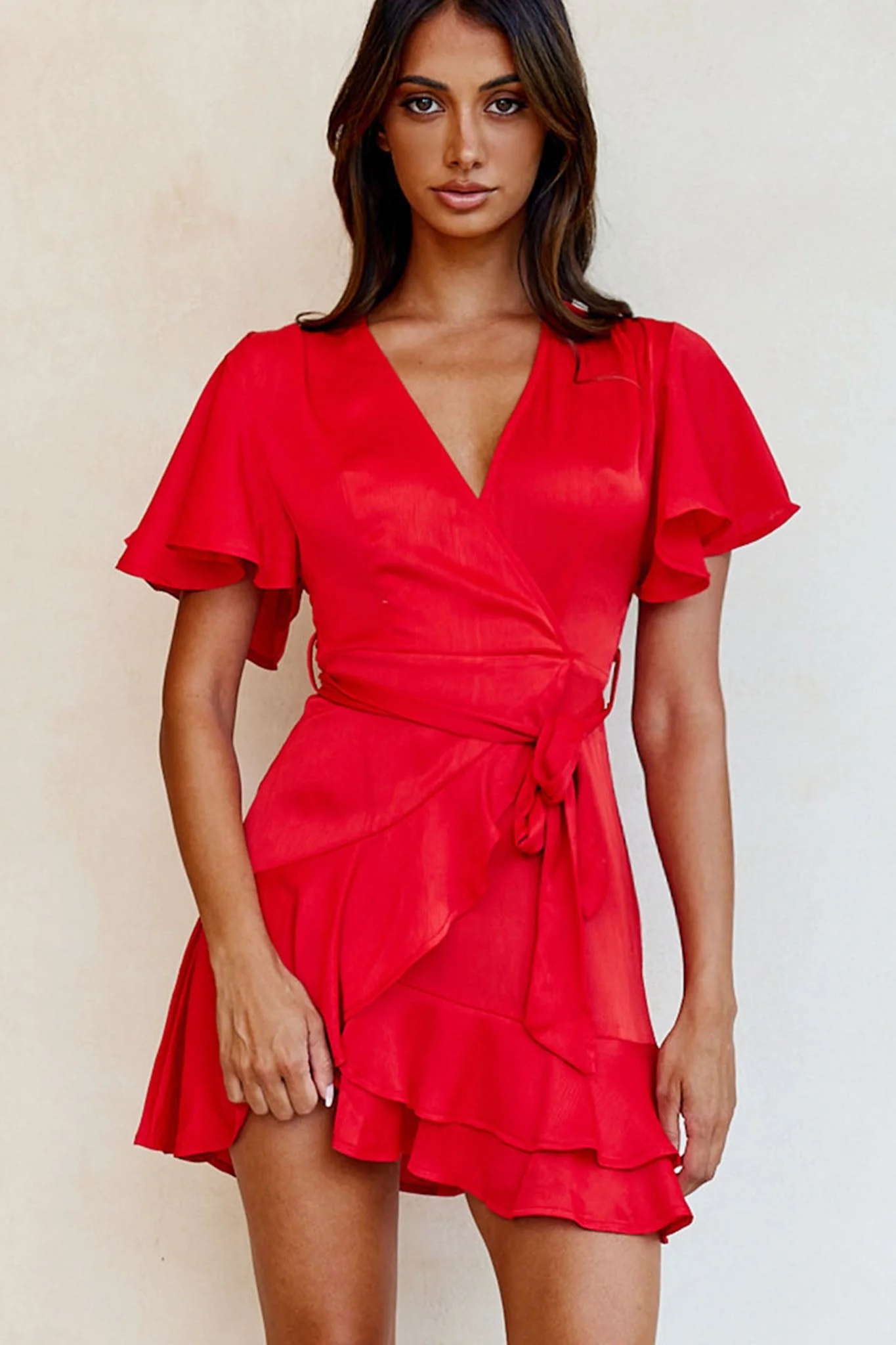 Cami Angel Sleeve Faux Wrap Dress Red - Image 4