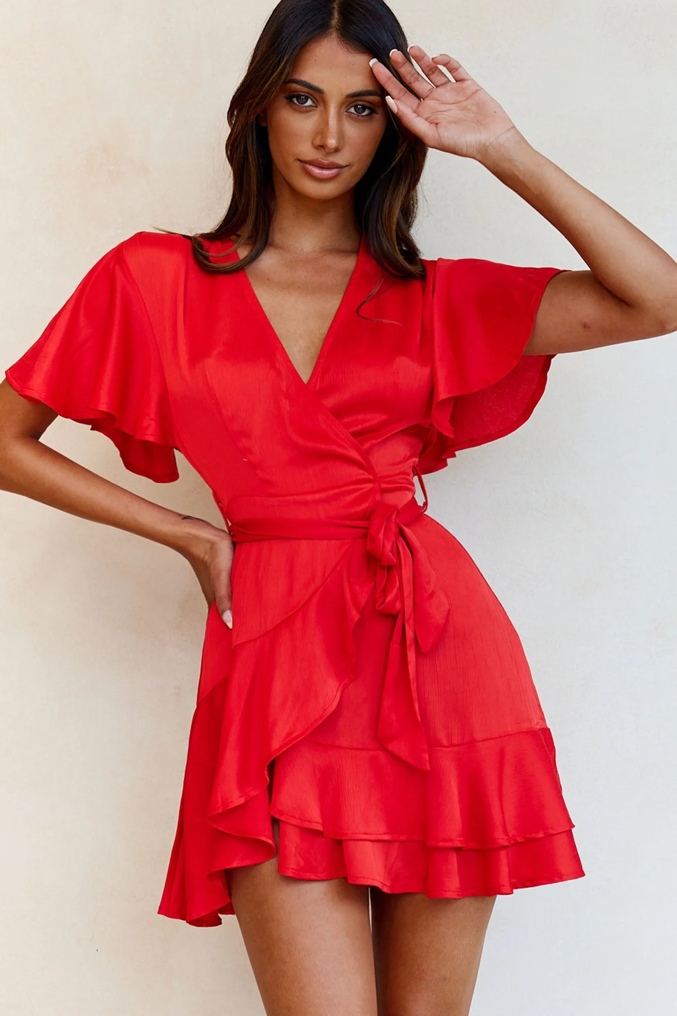 Cami Angel Sleeve Faux Wrap Dress Red - Image 7