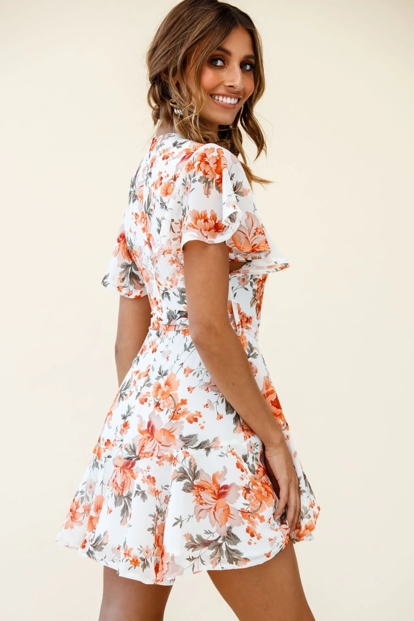 Cami Angel Sleeve Faux Wrap Dress Rose Print Orange - Image 3