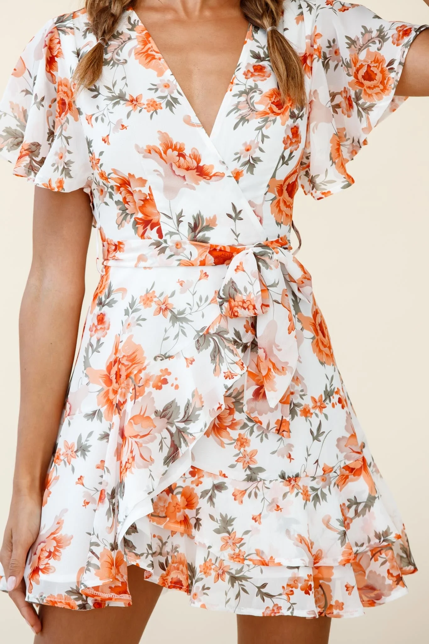 Cami Angel Sleeve Faux Wrap Dress Rose Print Orange - Image 4