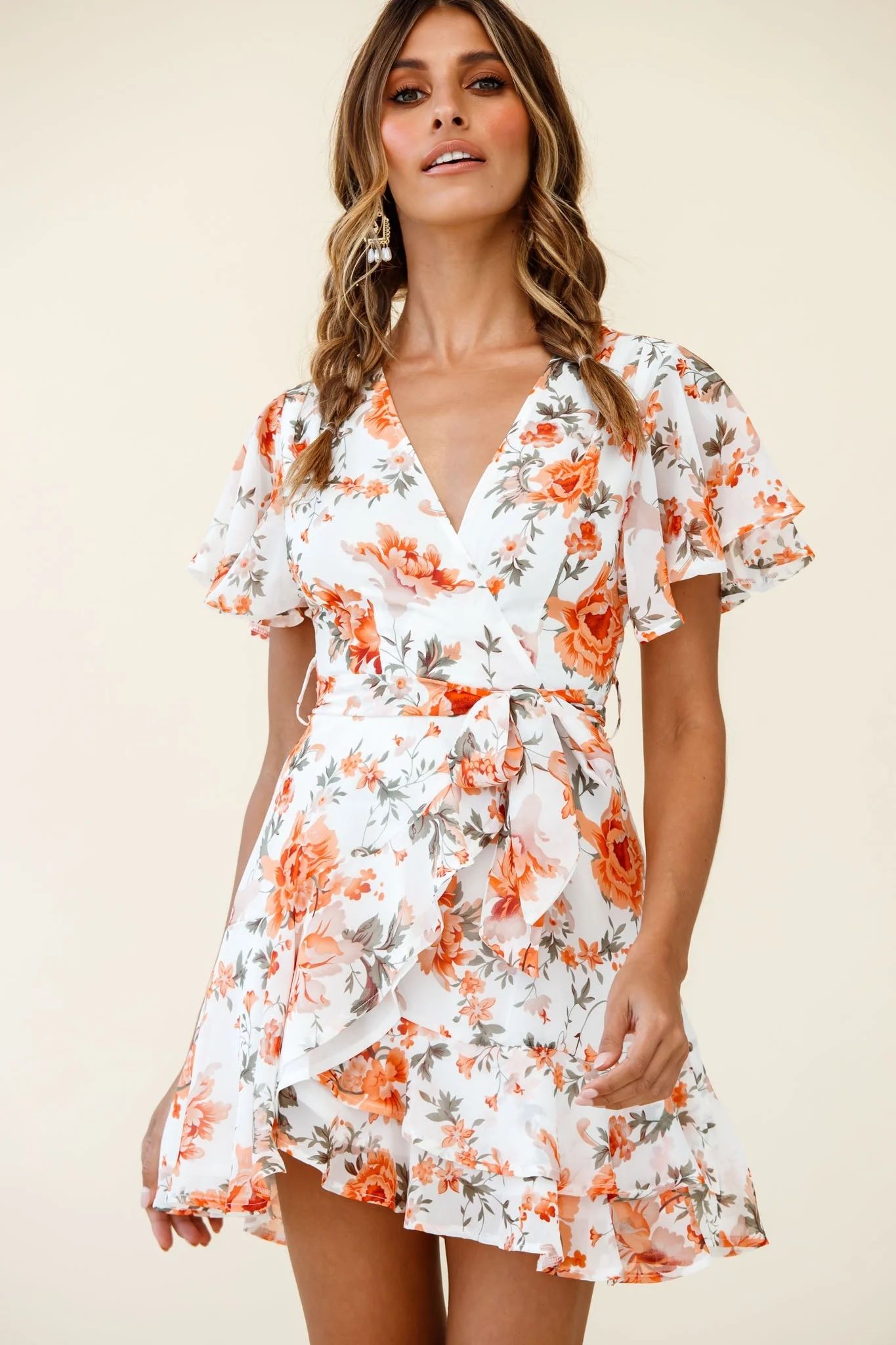 Cami Angel Sleeve Faux Wrap Dress Rose Print Orange - Image 7