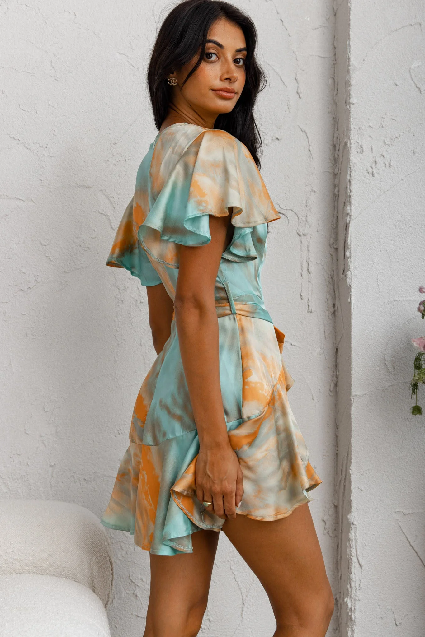 Cami Angel Sleeve Faux Wrap Dress Tie-Dye Print Aqua/Orange - Image 2
