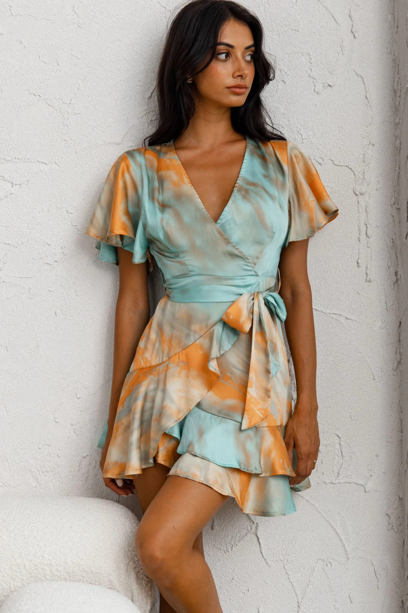 Cami Angel Sleeve Faux Wrap Dress Tie-Dye Print Aqua/Orange - Image 6