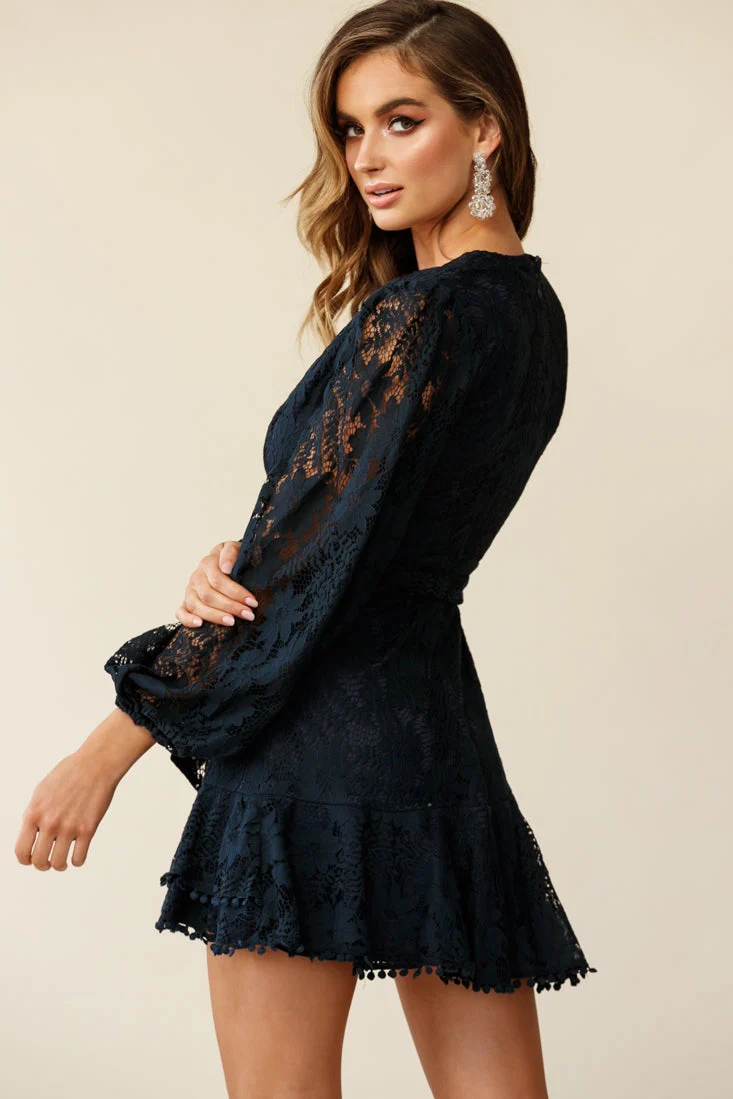 Cami Balloon Sleeve Faux Wrap Dress Lace Navy - Image 6