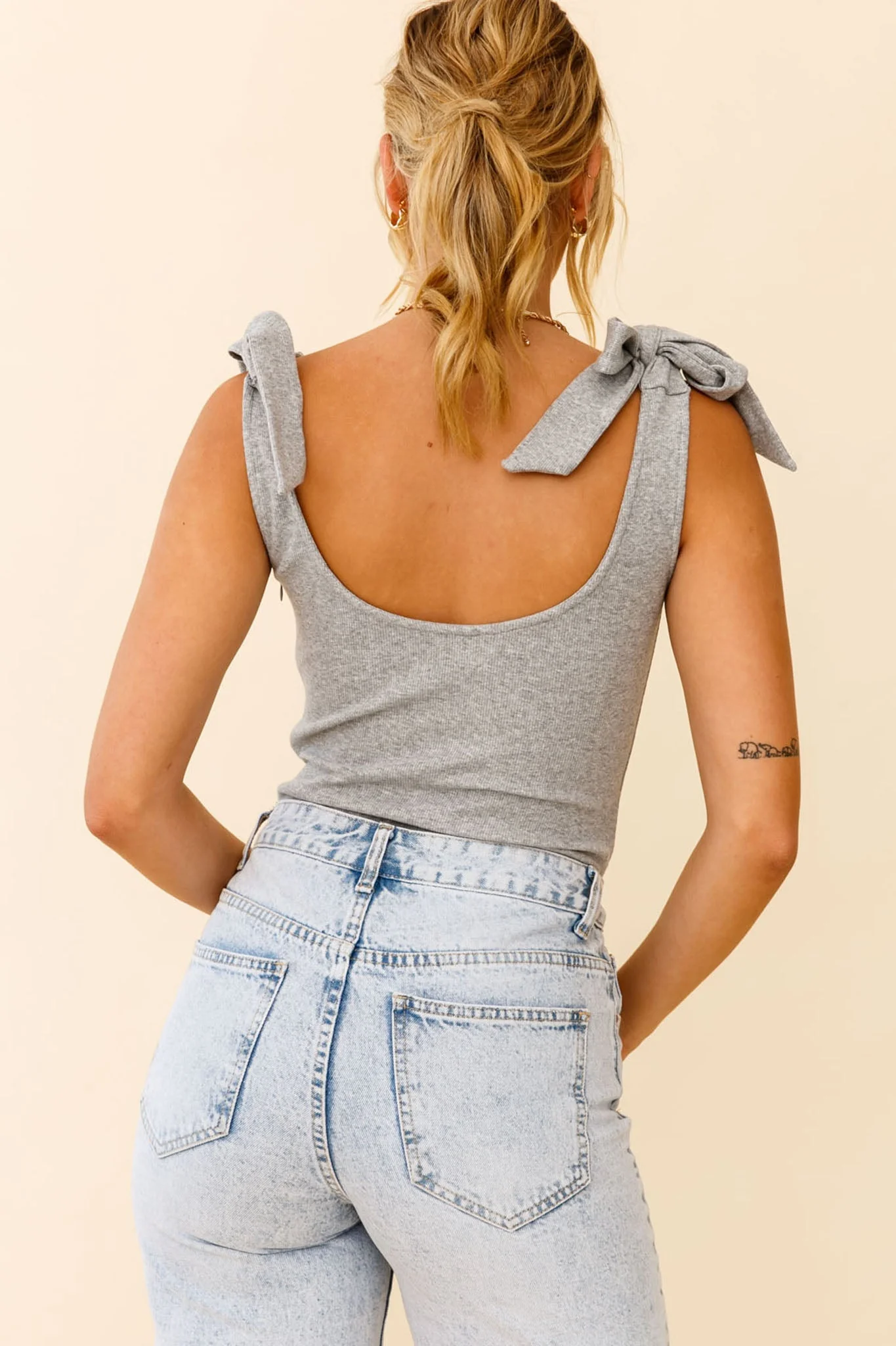 Can't Stop Me Bow Shoulder Bodysuit Grey Marle - Image 2