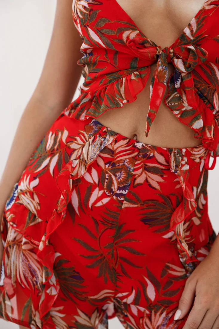 Cancun Cut-Out Bust Tie Romper Tropical Print Red - Image 4