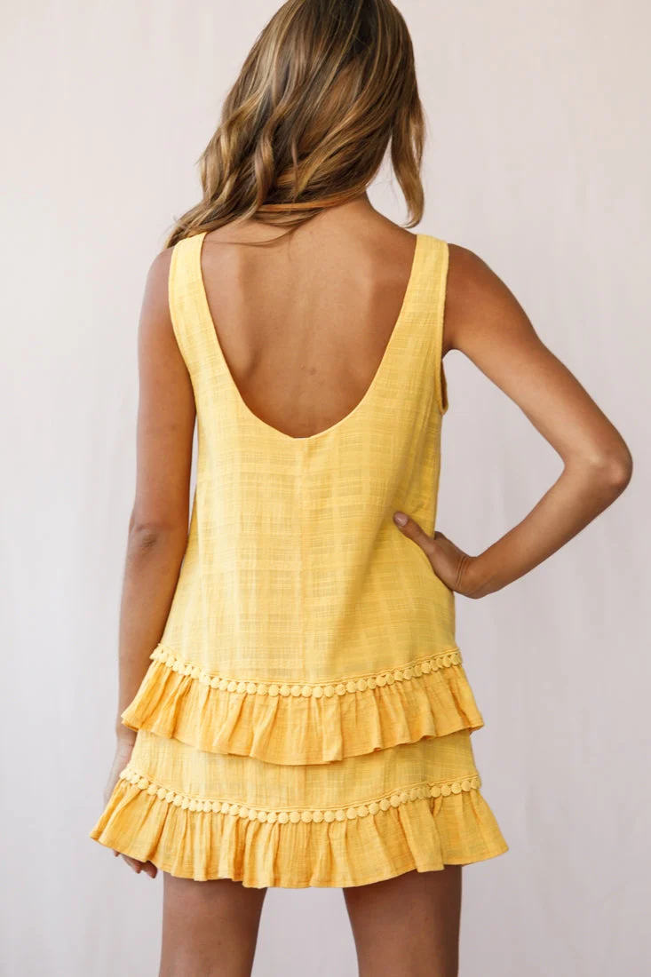 Candice Tiered Frill Hem Scooped Back Dress Yellow - Image 3