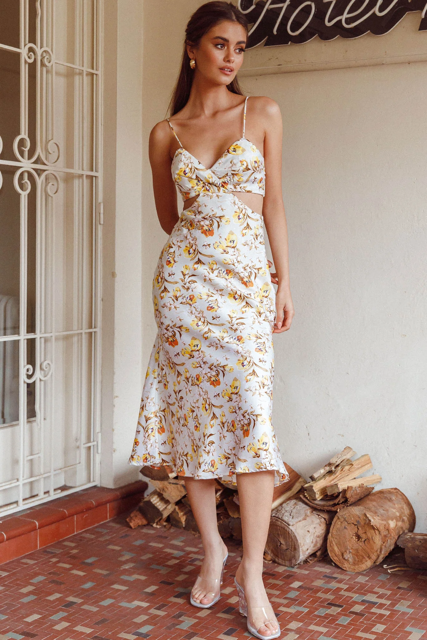 Cariba Cut-Out Waist Midi Dress Floral Yellow - Image 6
