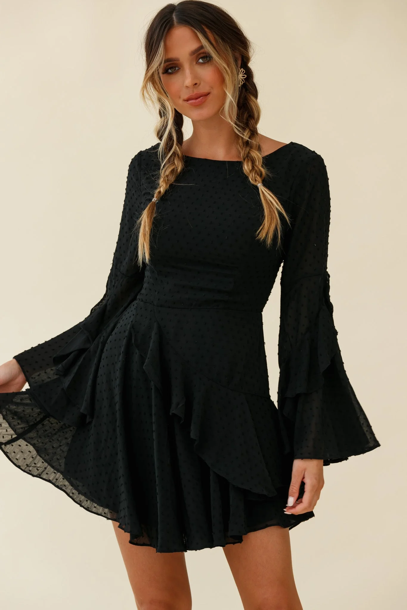Carlini Flared Sleeve Boat Neckline Dress Black - Image 5