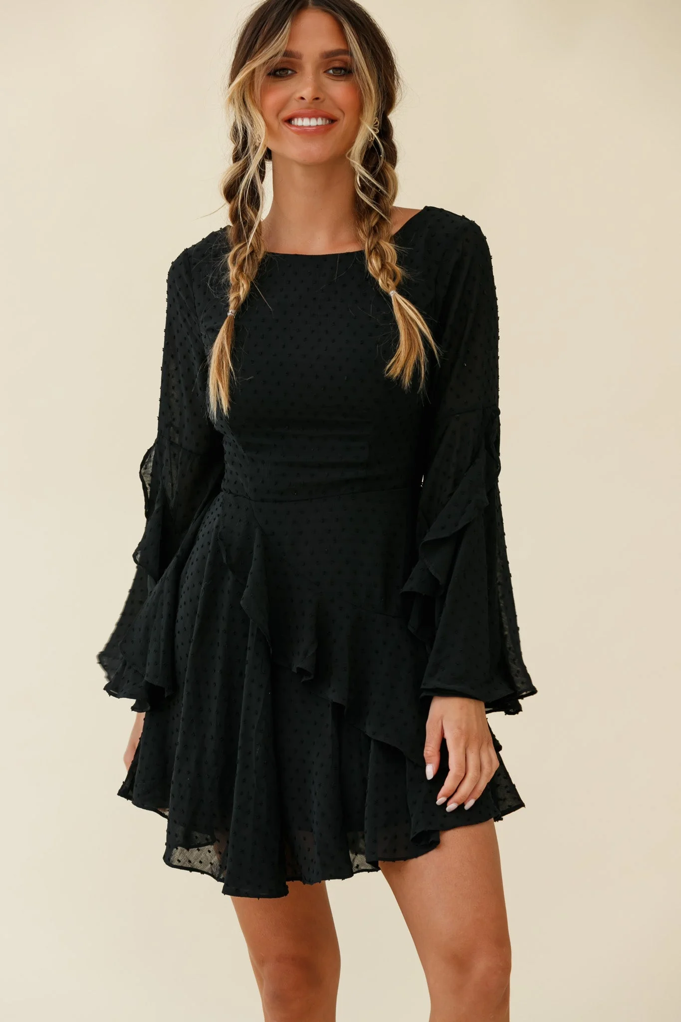 Carlini Flared Sleeve Boat Neckline Dress Black - Image 6