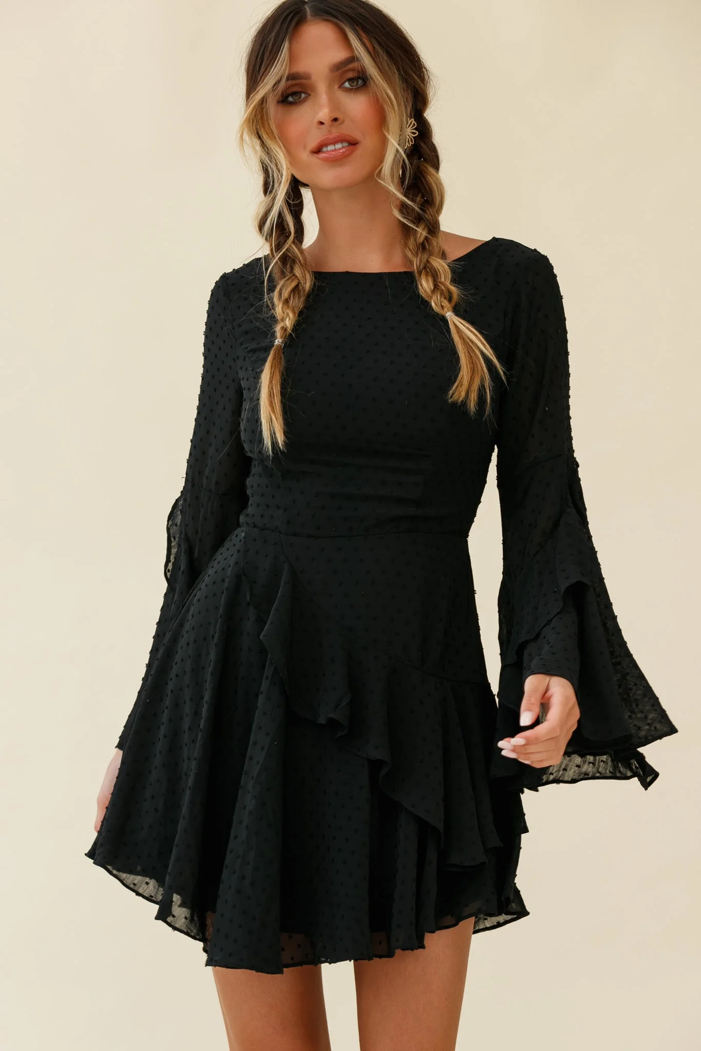 Carlini Flared Sleeve Boat Neckline Dress Black - Image 7