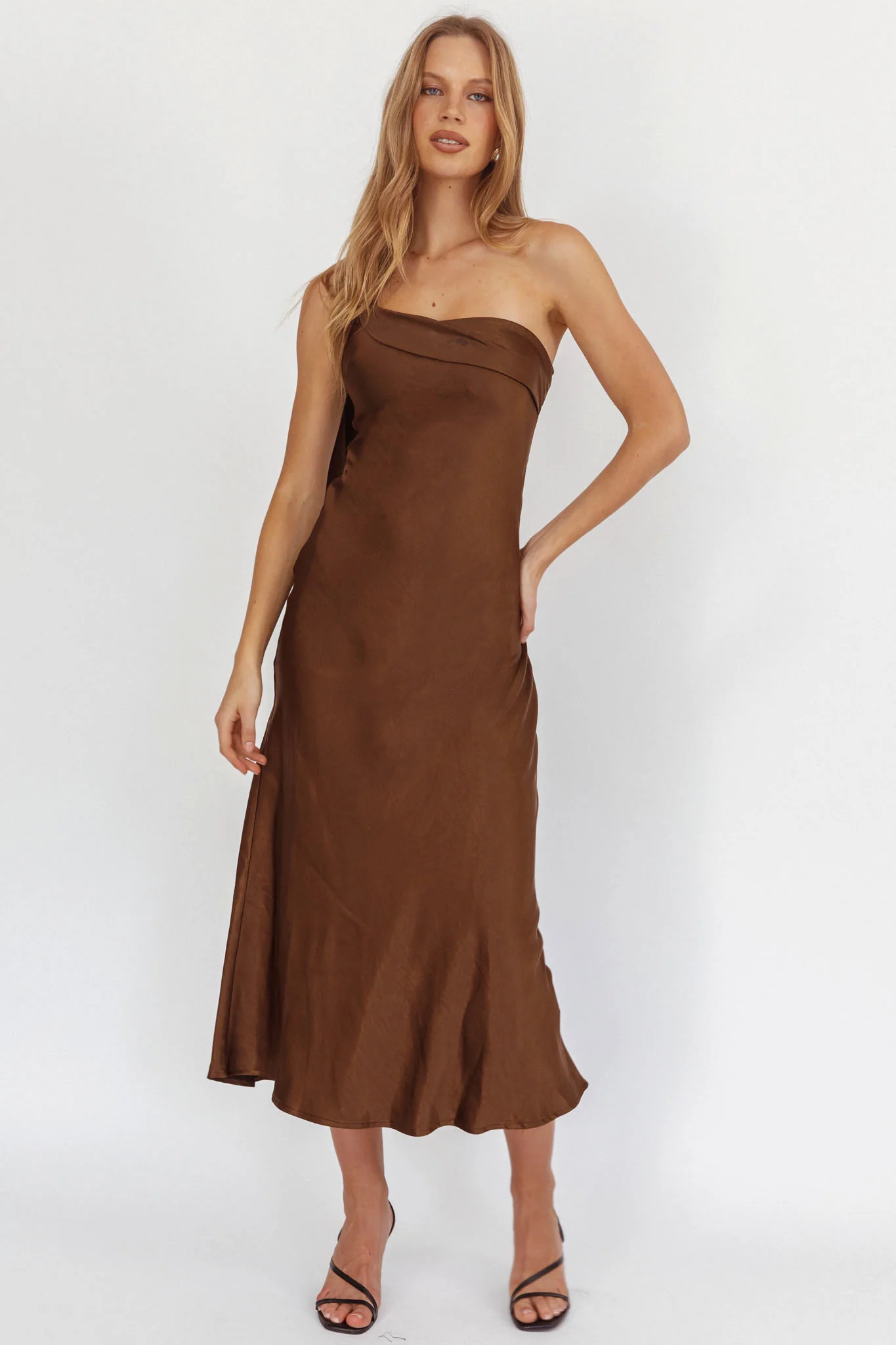Carmel One-Shoulder Sash Maxi Dress Chocolate - Image 2