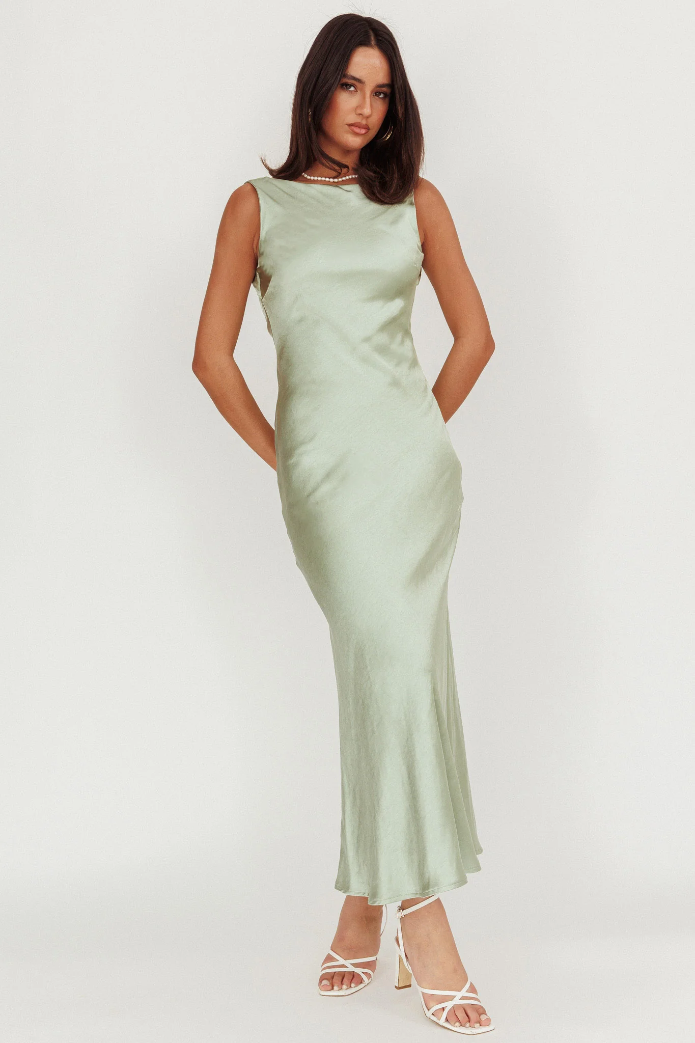 Carmine Satin Sleeveless Maxi Dress Sage - Image 5