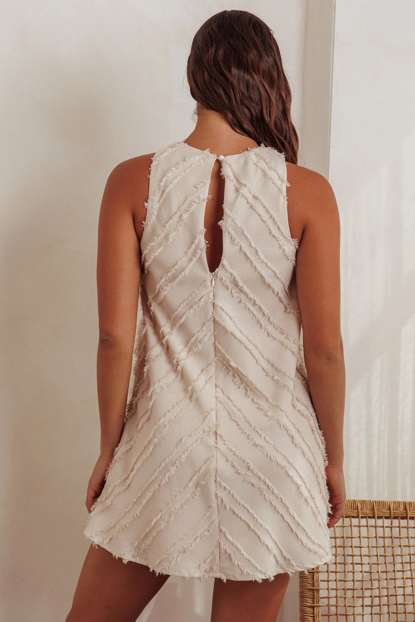 Caro Fringe Trim Shift Mini Dress Cream - Image 2