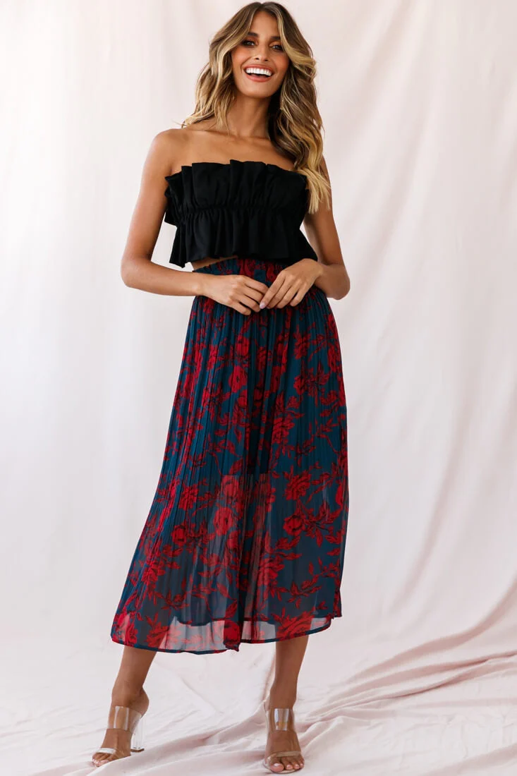 Caroline Accordion Pleat Midi Skirt Forest Green/Red - Image 4