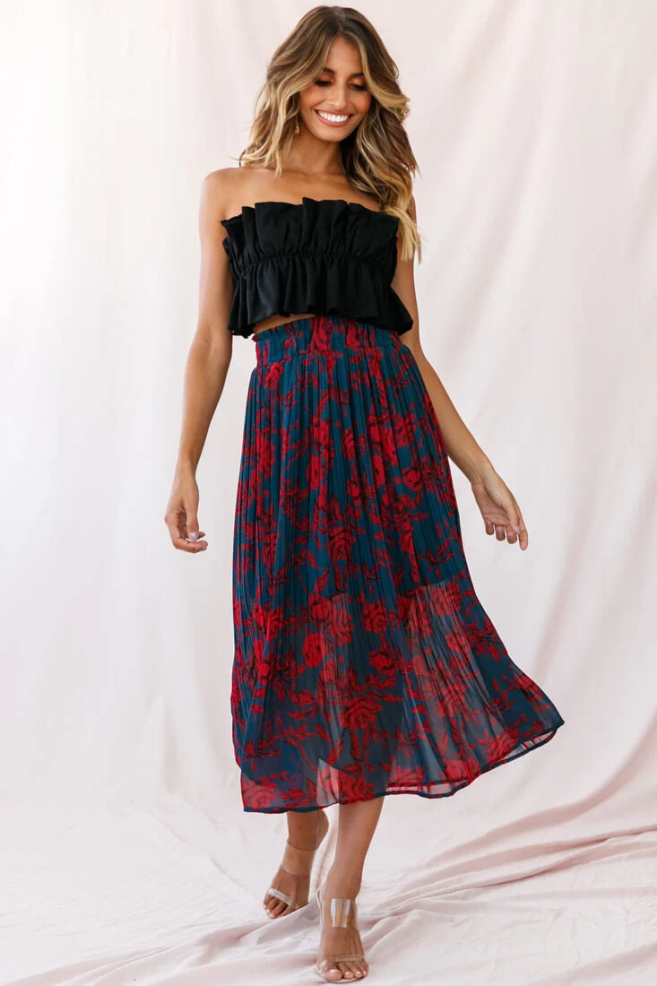 Caroline Accordion Pleat Midi Skirt Forest Green/Red - Image 5