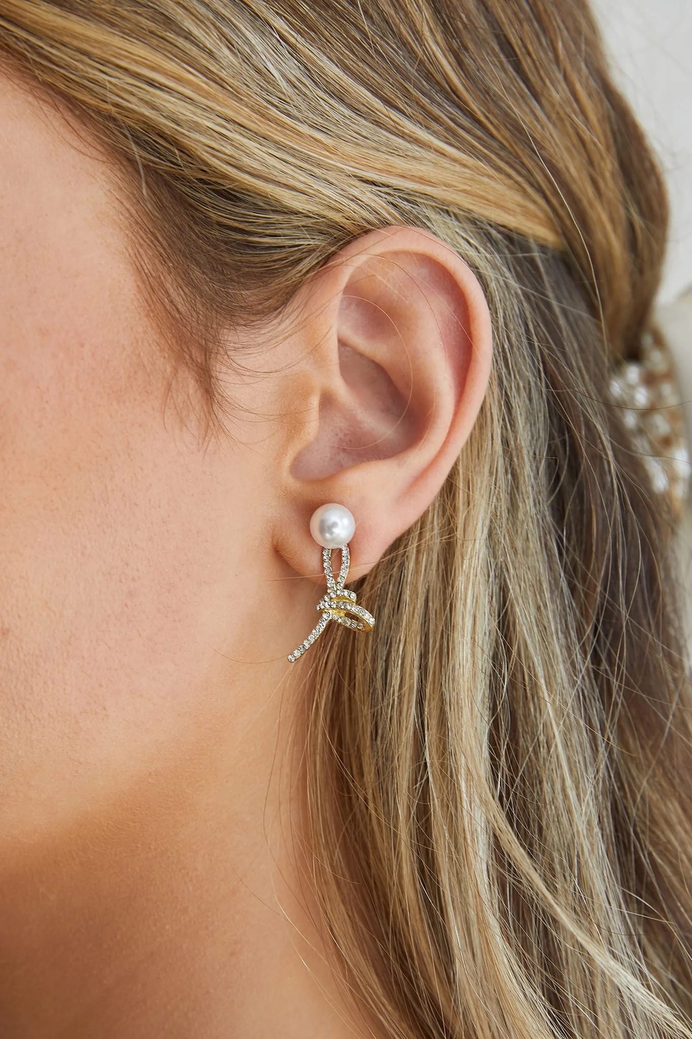 Carrie Crystal Knot Pearl Earrings Gold - Image 2