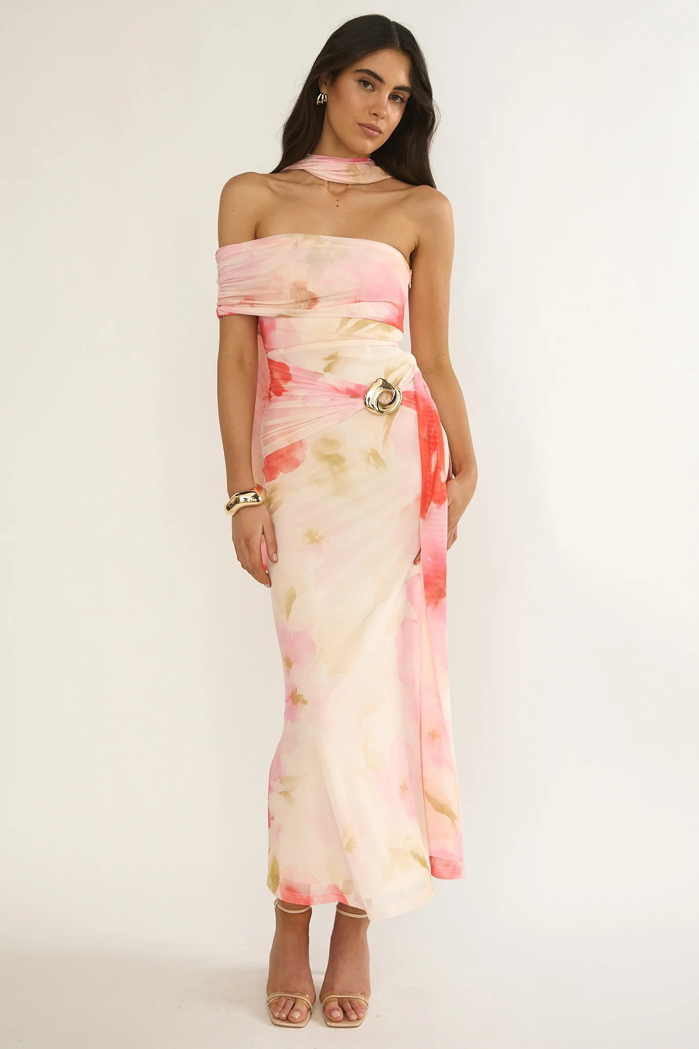 Carrisa One-Sleeve Maxi Dress Floral Pink - Image 2